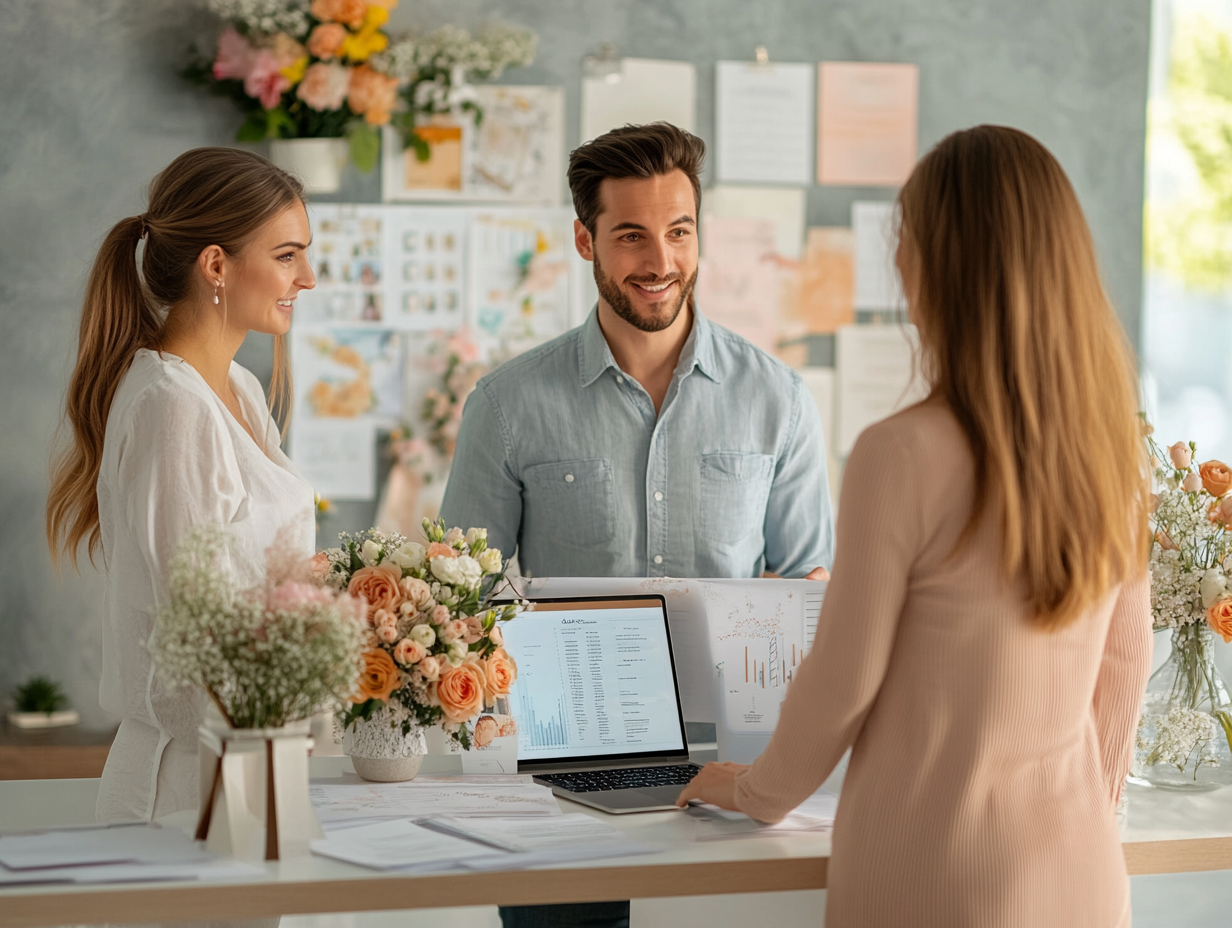 Imagem de um casal de noivos se reunindo com a cerimonialista e assessora para definir os detalhes do casamento
