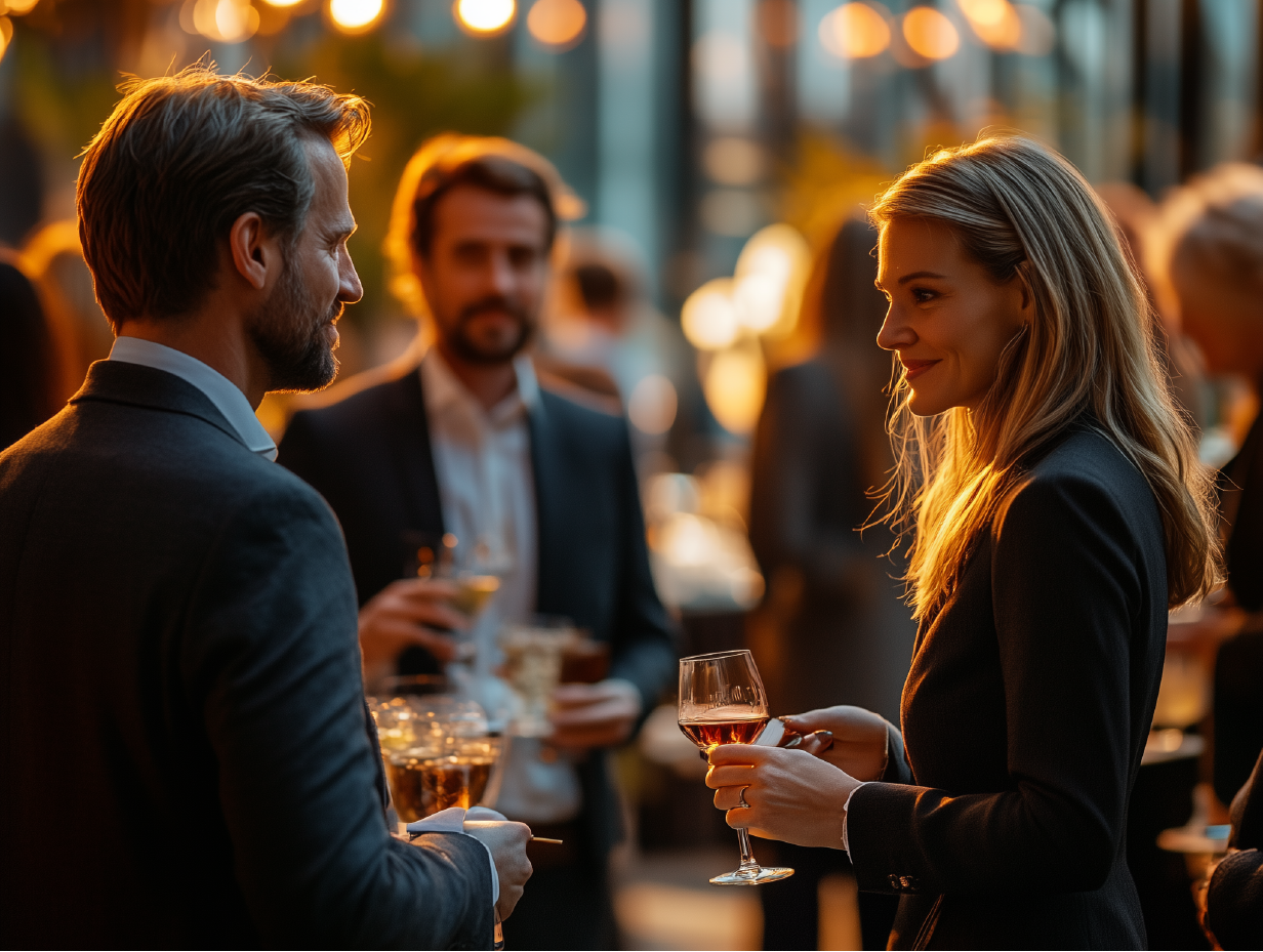 Profissionais em trajes formais conversando durante uma confraternização em um evento comercial