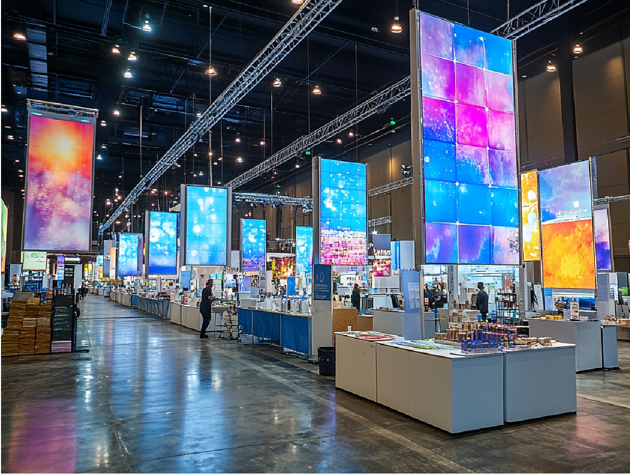 Preparação de estandes comerciais organizados para receber o público em um evento de negócios