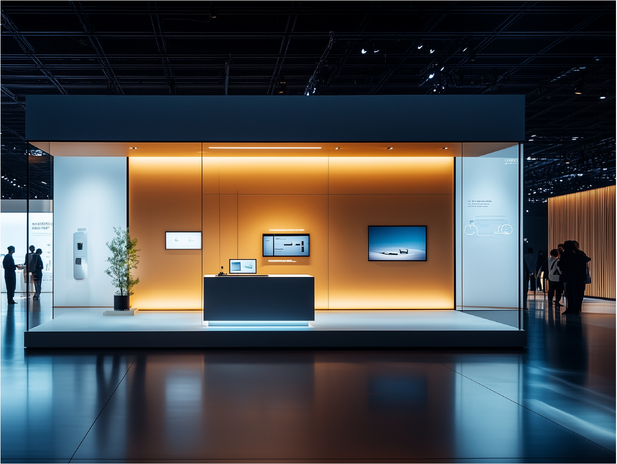 Estande moderno e tecnológico com cores laranja e cinza
