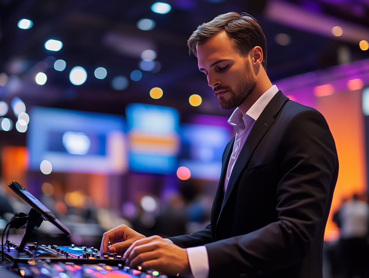 Profissional vestindo terno preto e camisa branca ajustando equipamentos audiovisuais para um evento corporativo